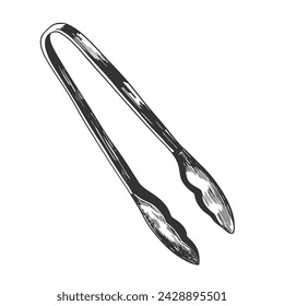 Kitchen tongs isolated on white background. Sketch style tongs for turning food. Engraving vector illustration. Barbecue tool