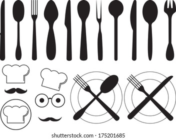 Kitchen tool collection illustrated on white 