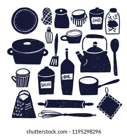 Kitchen tool collection. Set of hand drawn kitchen objects isolated on white background. Ink illustration. Silhouette elements.