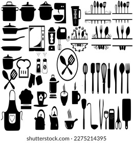 Kitchen tool collection set on white background Silhouette,Set of kitchen utensils and appliances,Kitchen Tool Silhouette Vector.