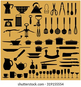 Kitchen tool collection - vector silhouette.