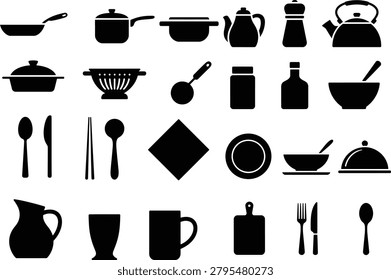 Kitchen tool dining utensil silhouette icon collection for food service themes