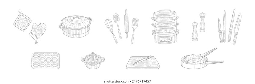 Kitchen Tool and Equipment Hand Drawn Linear Vector Set