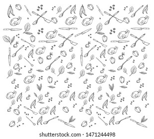 Kitchen, tool, food, seasoning, utensil, drawing, engraving, illustration