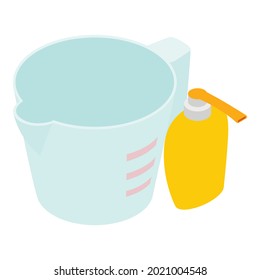 Kitchen tool icon isometric vector. Plastic measuring cup and dispenser bottle. Kitchen utensils