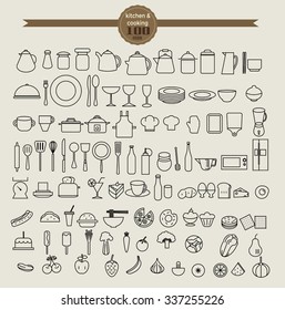 kitchen tool icon set and food. vector illustration