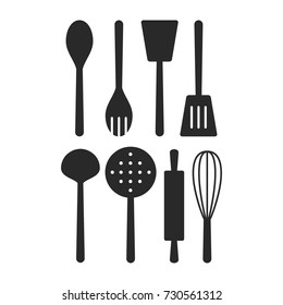 Kitchen Tool Icon Vector Set. Spatula, Rolling Pin, Whisk, Ladle, Skimmer Vector. Silhouette Vector Design