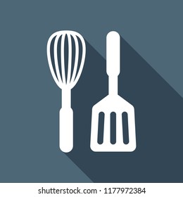 Kitchen tool icon. Whisk and spatula. White flat icon with long shadow on background