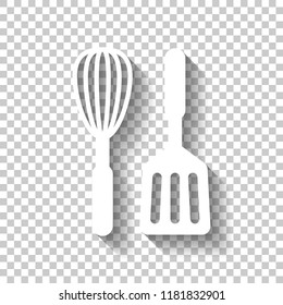 Kitchen tool icon. Whisk and spatula. White icon with shadow on transparent background