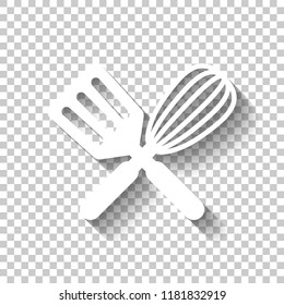 Kitchen tool icon. Whisk and spatula, criss and cross. White icon with shadow on transparent background