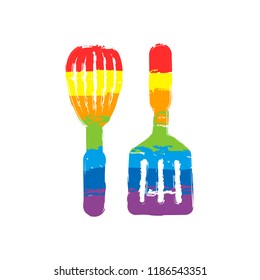 Kitchen tool icon. Whisk and spatula. Drawing sign with LGBT style, seven colors of rainbow (red, orange, yellow, green, blue, indigo, violet