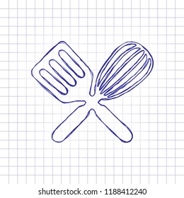 Kitchen tool icon. Whisk and spatula, criss and cross. Hand drawn picture on paper sheet. Blue ink, outline sketch style. Doodle on checkered background