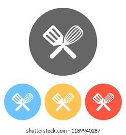 Kitchen tool icon. Whisk and spatula, criss and cross. Set of white icons on colored circles