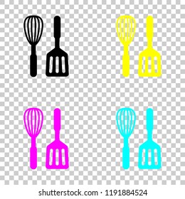 Kitchen tool icon. Whisk and spatula. Colored set of cmyk icons on transparent background