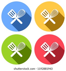 Kitchen tool icon. Whisk and spatula, criss and cross. Set of white icons with long shadow on blue, orange, green and red colored circles. Sticker style