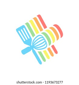 Kitchen tool icon. Whisk and spatula, criss and cross. Stack of colorful isometric icons on white background