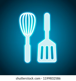 Kitchen tool icon. Whisk and spatula. Neon style. Light decoration icon. Bright electric symbol