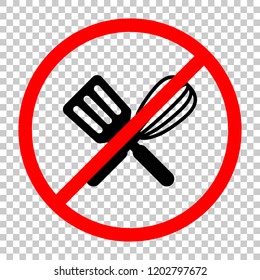 Kitchen tool icon. Whisk and spatula, criss and cross. Not allowed, black object in red warning sign with transparent background