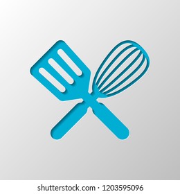 Kitchen tool icon. Whisk and spatula, criss and cross. Paper design. Cutted symbol with shadow