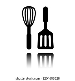 Kitchen tool icon. Whisk and spatula. Black icon with mirror reflection on white background