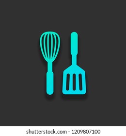 Kitchen tool icon. Whisk and spatula. Colorful logo concept with soft shadow on dark background. Icon color of azure ocean