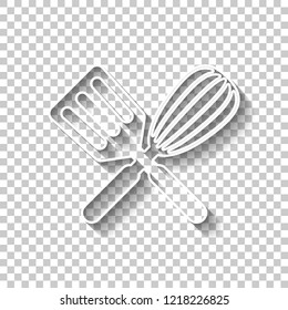 Kitchen tool icon. Whisk and spatula, criss and cross. White outline sign with shadow on transparent background