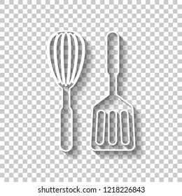 Kitchen tool icon. Whisk and spatula. White outline sign with shadow on transparent background