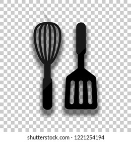 Kitchen tool icon. Whisk and spatula. Black glass icon with soft shadow on transparent background