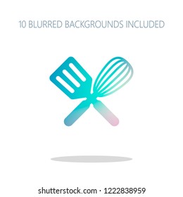 Kitchen tool icon. Whisk and spatula, criss and cross. Colorful logo concept with simple shadow on white. 10 different blurred backgrounds included