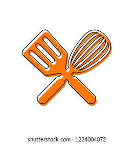 Kitchen tool icon. Whisk and spatula, criss and cross. Isolated icon consisting of black thin contour and orange moved filling on different layers. White background