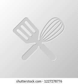 Kitchen tool icon. Whisk and spatula, criss and cross. Paper design. Cutted symbol. Pitted style
