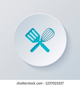 Kitchen tool icon. Whisk and spatula, criss and cross. Cut circle with gray and blue layers. Paper style