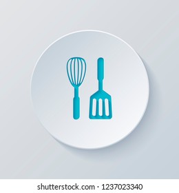 Kitchen tool icon. Whisk and spatula. Cut circle with gray and blue layers. Paper style