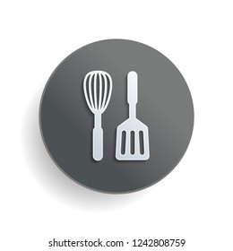 Kitchen tool icon. Whisk and spatula. White paper symbol on gray round button or badge with shadow