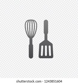 Kitchen tool icon. Whisk and spatula. On grid background