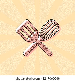 Kitchen tool icon. Whisk and spatula, criss and cross. Vintage retro typography with offset printing effect. Dots poster with comics pop art background