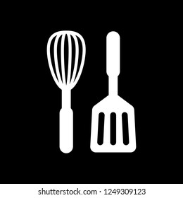 Kitchen tool icon. Whisk and spatula. White icon on black background. Inversion