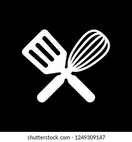 Kitchen tool icon. Whisk and spatula, criss and cross. White icon on black background. Inversion