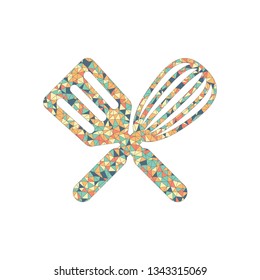 Kitchen tool icon. Whisk and spatula, criss and cross. Colored mosaic with polygons