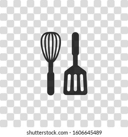 Kitchen tool icon. Whisk and spatula. Black symbol on transparency grid