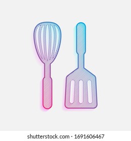 Kitchen tool icon. Whisk and spatula. Colored logo with diagonal lines and blue-red gradient. Neon graphic, light effect