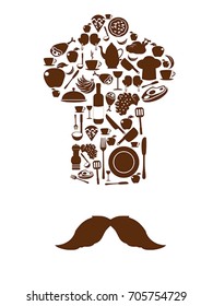 Kitchen tool icons on chef hat with mustache 