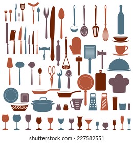 Kitchen tool icons set isolated on white background. Colorful vector objects: dishware, silverware, tableware, stemware. Food and drink design elements.