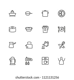 Kitchen tool icons. Set of line icons. Toaster, mixer, apron. Utensils concept. Vector illustration can be used for topics like cooking, kitchen equipment