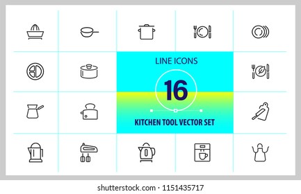 Kitchen tool icons. Set of  line icons. Toaster, mixer, apron. Utensils concept. Vector illustration can be used for topics like cooking, kitchen equipment