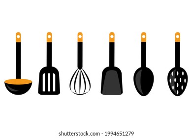 Kitchen tool icons set. Silhouette dishes, utensils. Vector illustration flat design. Isolated on white background. Elements for the culinary web site. Collection kitchenware. Spoon, plug and blade. 