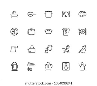 Kitchen tool icons. Set of twenty line icons. Toaster, mixer, apron. Utensils concept. Vector illustration can be used for topics like cooking, kitchen equipment