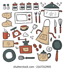 Kitchen tool items colorful doodle set. Hand drawn cooking equipment icons, elements clip art. Outline kitchenware, eatery objects sketch design collection.
