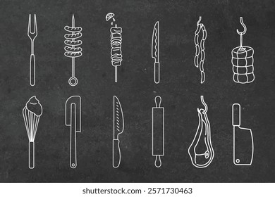 Kitchen tool line art vector set. White line art of kitchen and cooking utensil tools set, vector collection. Cooking tools drawn with white simple line art style drawing.