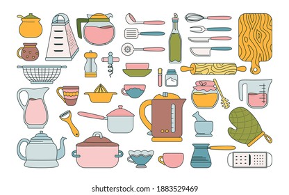 Kitchen tool line flat set. Modern cooking baking cartoon dishes, equipments. Dishes cup, tack teapot, grater pan. Hand drawn kitchen utensils collection objects. Food preparation. Vector illustration